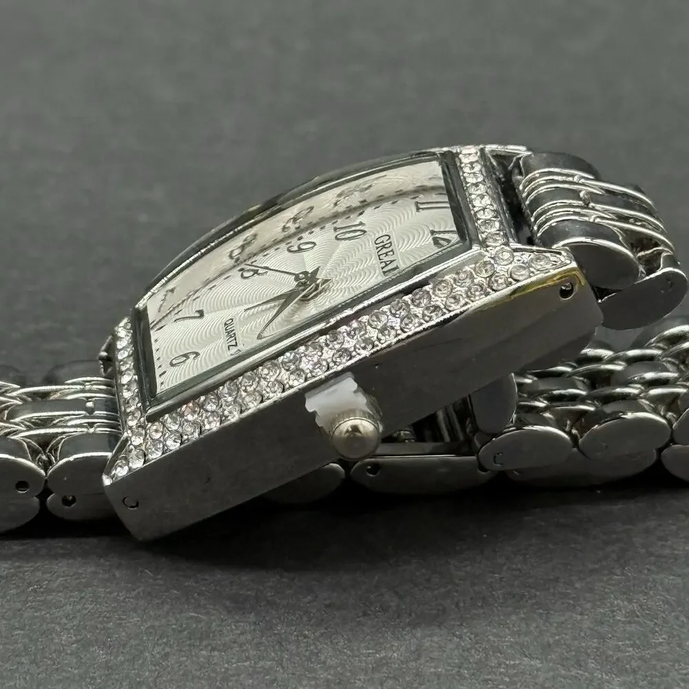 Gimto Silver Tone Watch Bracelet Set 2 Pc Iced Tonneau Dial Rhinestone Bling NEW